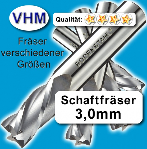 VHM-Fräser 3 x 3 x 8 x 50 mm, 4 Schneiden, TiAlN