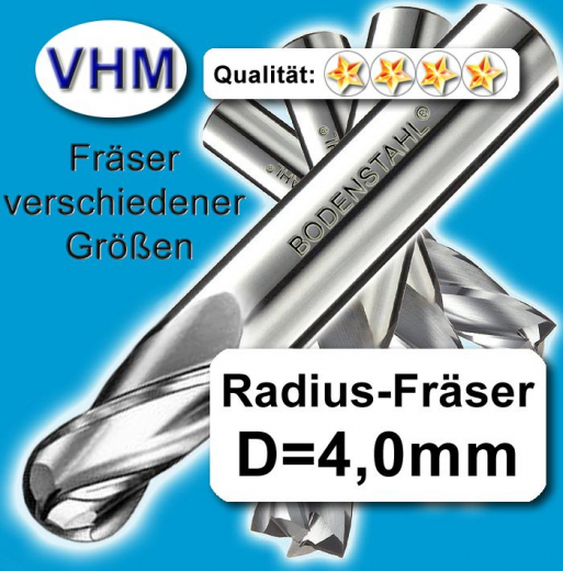 VHM Radiusfräser D4 x 4 x 22 x 44mm, 2 Schneiden