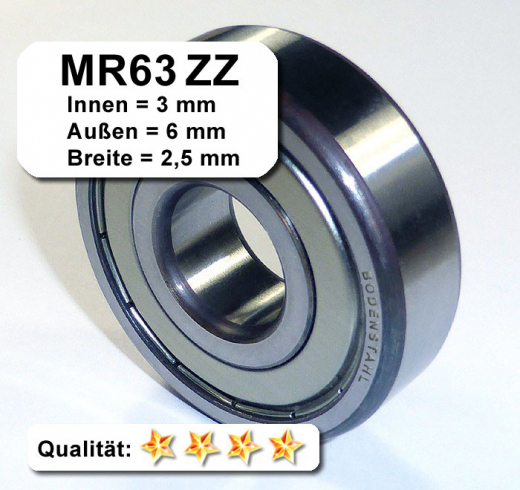 Radiales Rillen-Kugellager MR63ZZ - 3x6x2,5, Da=6mm, Di=3mm, Breite=2,5mm