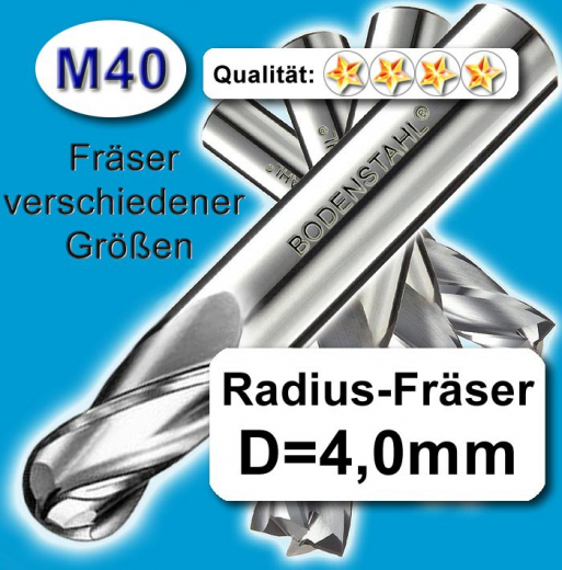 Radius-Fräser, D4x75mm, 2 Schneiden, Schaftfräser, M40, Rund-Fräser, D=4mm