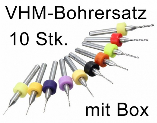 VHM Bohrer-Set 10 Stk. 0.3 - 1.2mm, Hartmetall, Platinenbohrer, f. Dremel