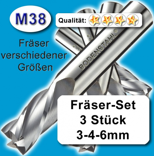 Metall-Fräser-Set 3-4-6mm, M38, Schaftfräser, vergl. HSSE, HSS-E, scharf geschliffen