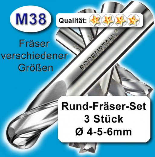 Radius-Fräser Set mit D=4-5-6mm, M38, Schaftfräser, vergl. HSSE, HSS-E