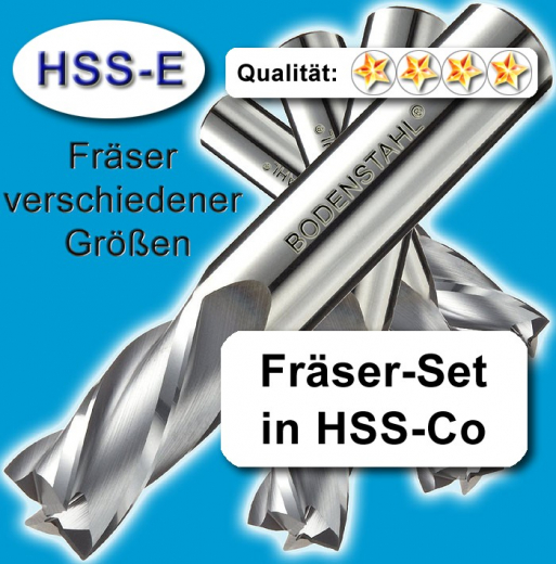 Metall-Fräser-Set 3-4-5-6-8-10-12mm, 2 Schneiden, HSS-Co (HSS-E)