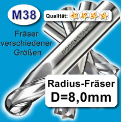 Radius-Fräser D8x8x19x63mm, 2 Schneiden, M38