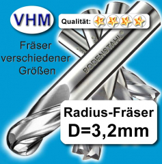 Radiusfräser VHM-Fräser, D=3.175 x 3.175 x 22 x 40 mm, f. Alu, Holz, Rundfräser
