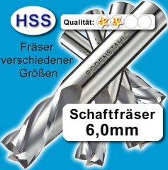 Metall-Fräser 6x6x13x57mm, 2 Schneiden, HSS