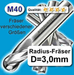 Radius-Fräser D3x6x9x75mm, 2 Schneiden, M40, blau