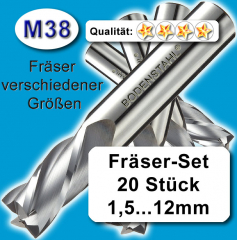 Metall-Fräser-Set 20tlg. 1,5 ... 12mm, Z=2, M38, weniger als 3,- Euro/Fräser !
